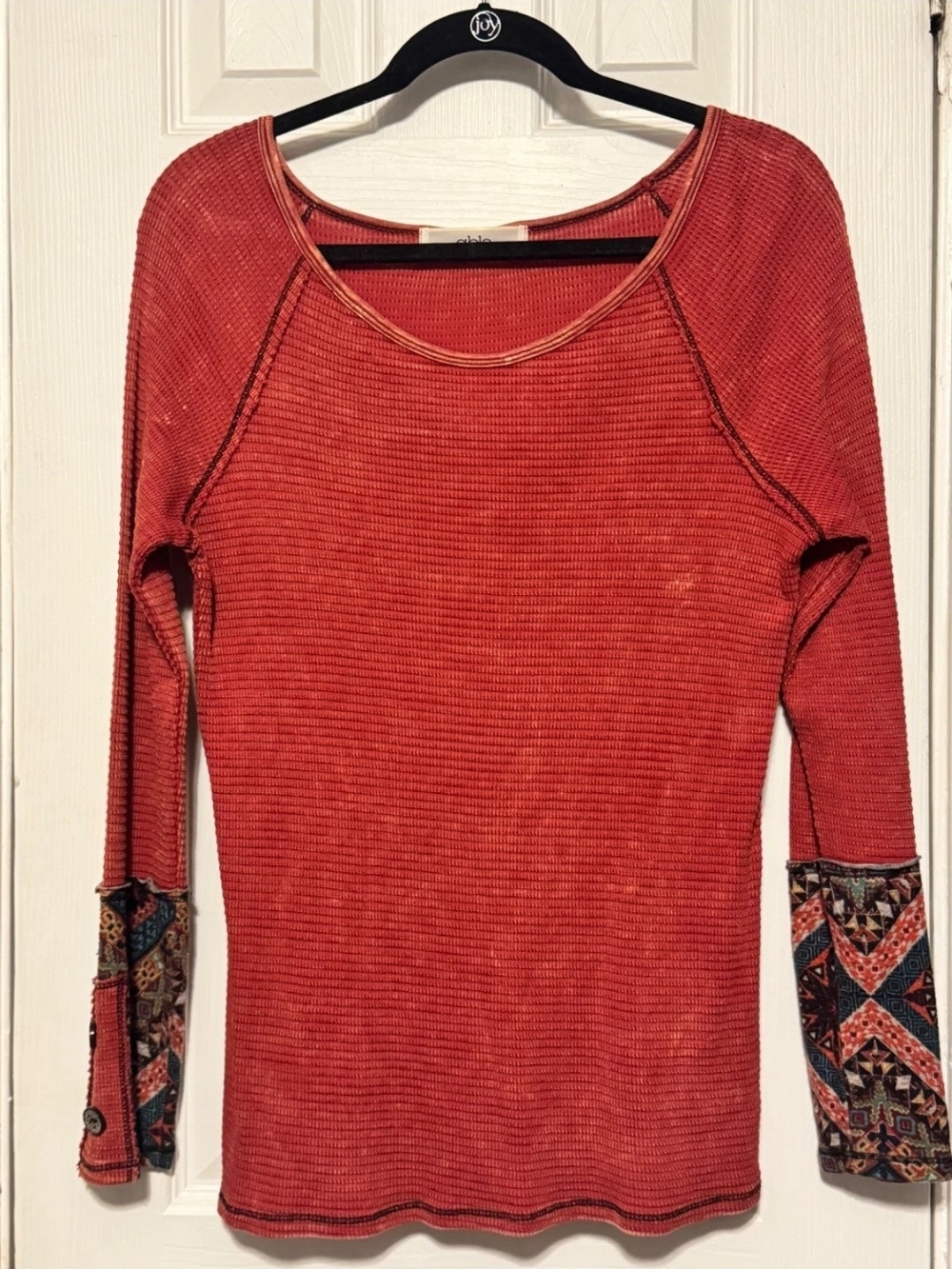 Women’s Long Sleeve Thermal Top with Patterned Cuffs - Rust